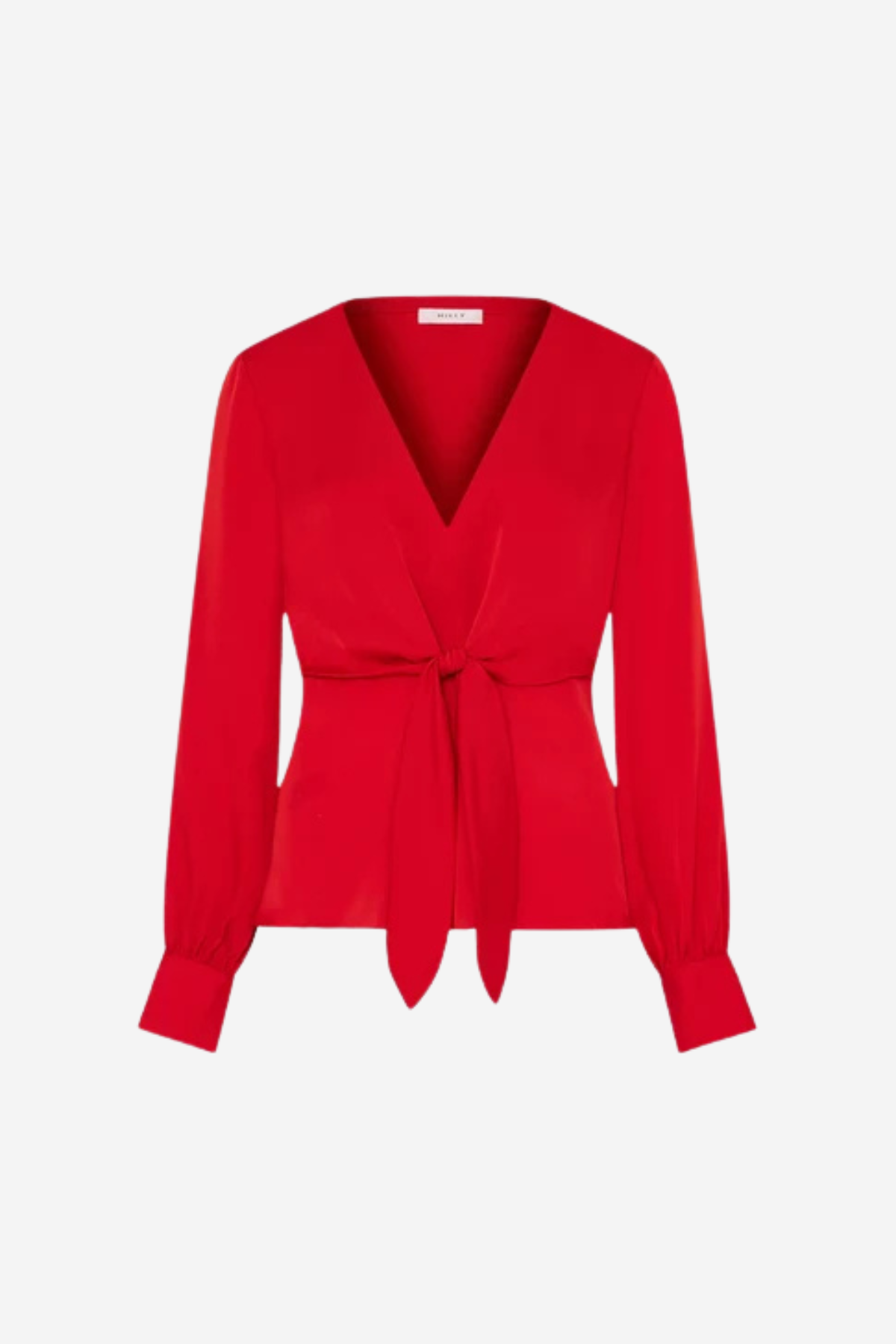 A bright red long-sleeve wrap blouse with a V-neckline and a self-tie waist belt, shown on a plain light gray background.