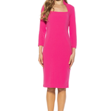 woman in hot pink midi dress on white background 