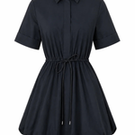 A short-sleeve collared shirt dress in black, featuring a button-down front, cuffed sleeves, and a drawstring tie at the waist, shown against a plain white background.