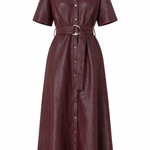 A dark burgundy faux-leather shirt dress with short sleeves, a pointed collar, a button-down front, and a matching waist belt with a silver buckle, shown on a plain white background.