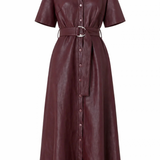 A dark burgundy faux-leather shirt dress with short sleeves, a pointed collar, a button-down front, and a matching waist belt with a silver buckle, shown on a plain white background.