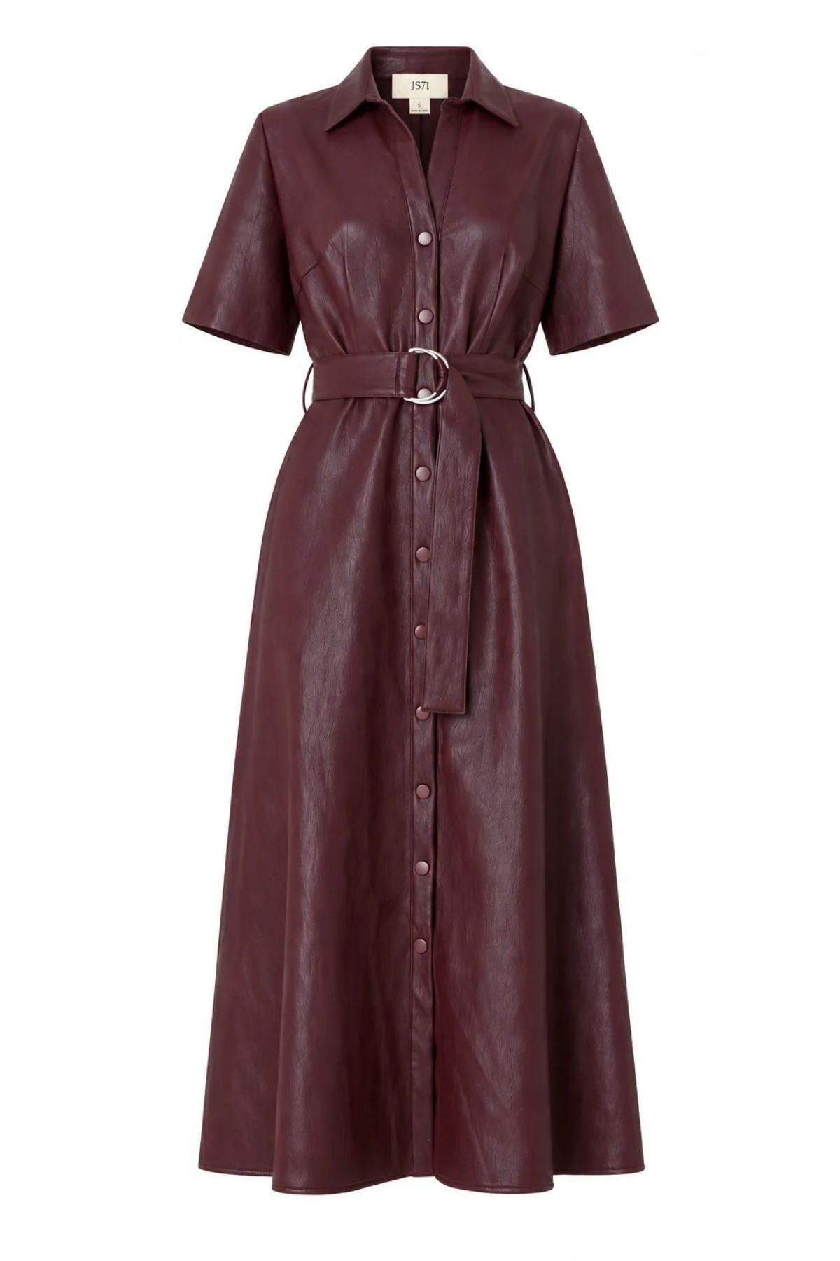 A dark burgundy faux-leather shirt dress with short sleeves, a pointed collar, a button-down front, and a matching waist belt with a silver buckle, shown on a plain white background.