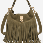 An olive green suede shoulder bag with a long fringe bottom, a top handle, a detachable shoulder strap, and gold-tone hardware on a plain white background.