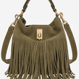 An olive green suede shoulder bag with a long fringe bottom, a top handle, a detachable shoulder strap, and gold-tone hardware on a plain white background.