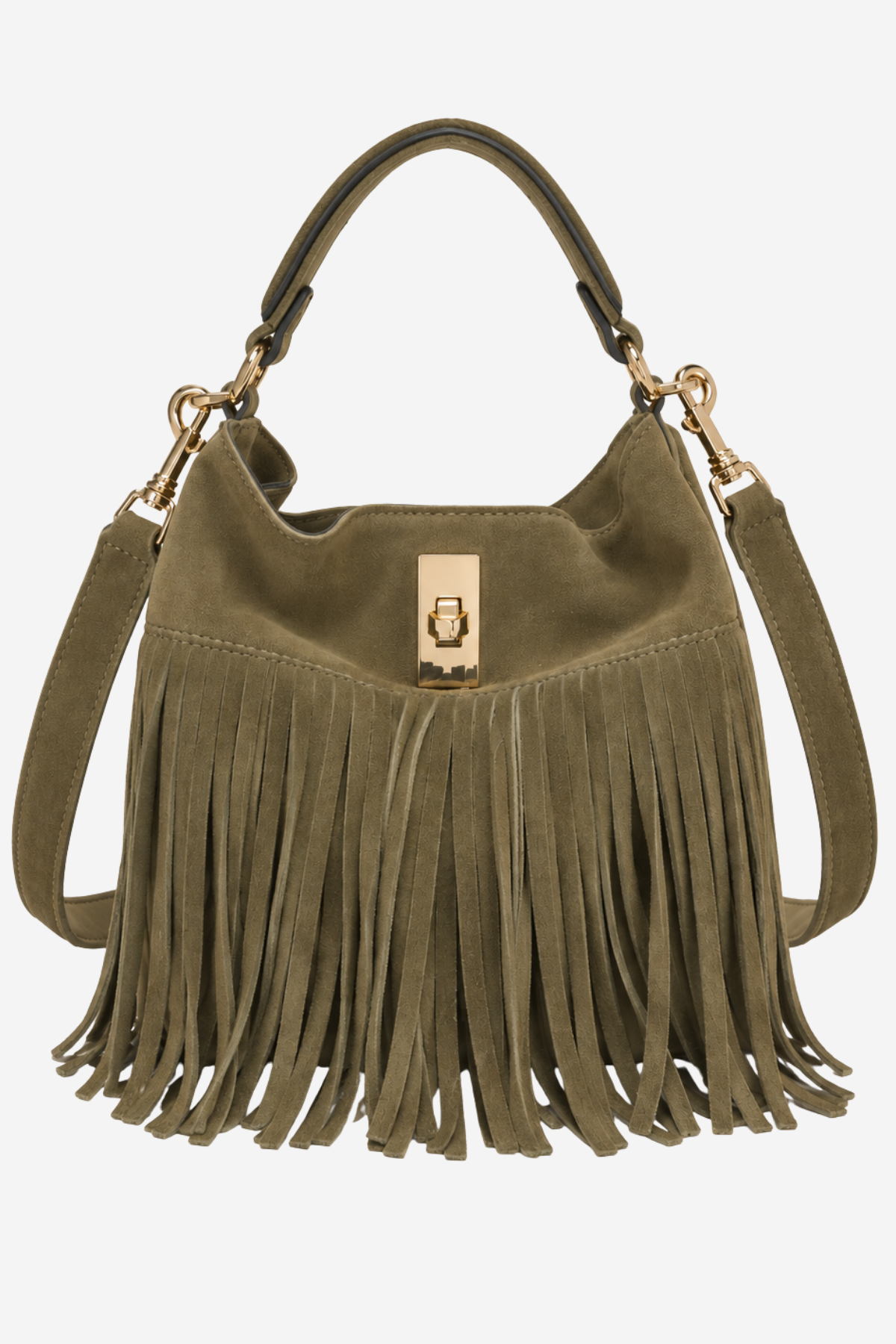 An olive green suede shoulder bag with a long fringe bottom, a top handle, a detachable shoulder strap, and gold-tone hardware on a plain white background.