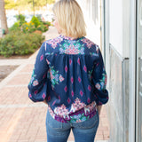 Navy Printed Long Sleeve Split Neck Blouse