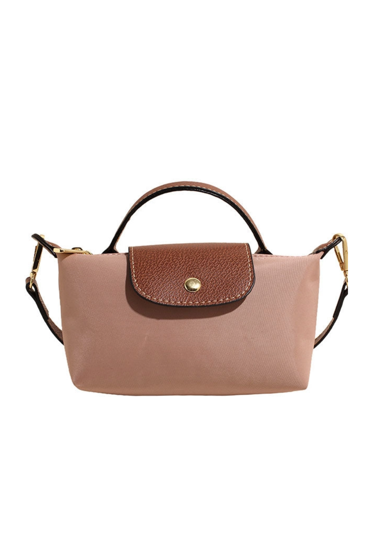 Brown handbag with a gold clasp on a white background