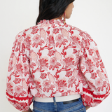 red printed long sleeve blouse  modeled against a white background
