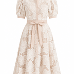 Beige lace dress with a belt on a white background