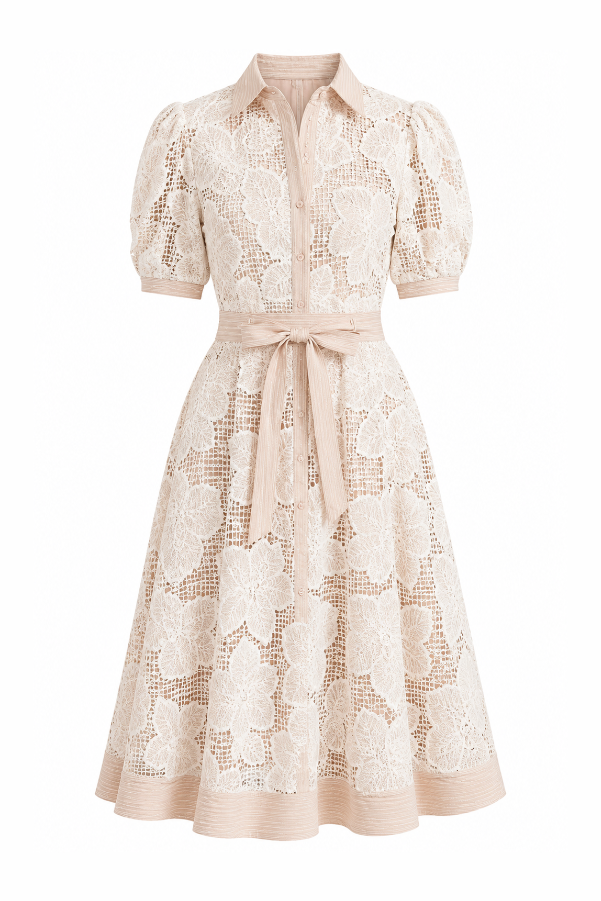 Beige lace dress with a belt on a white background