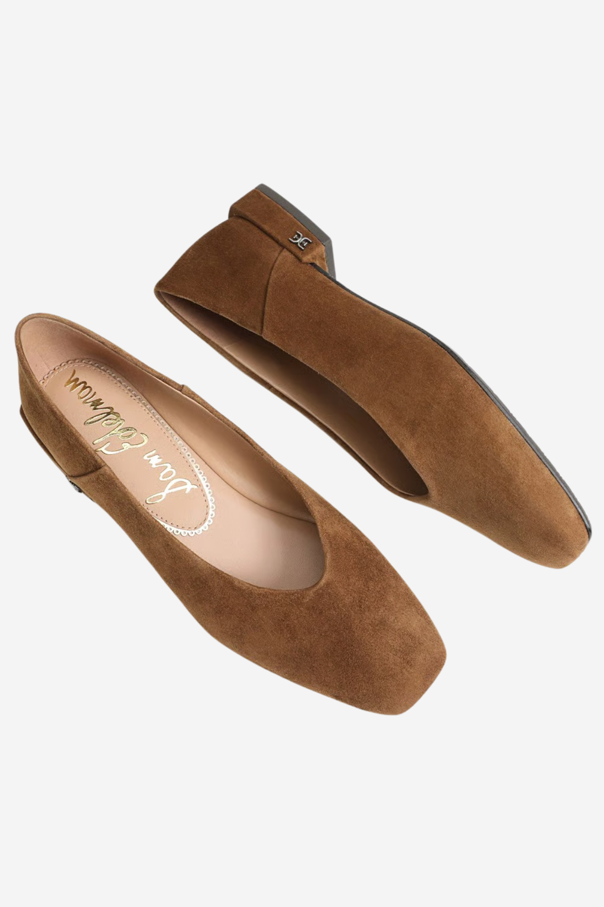 A pair of women's brown suede flats with square toes, shown from top and side angles on a light gray background. The brand name 'Jean Schlumber' is visible on the insole.