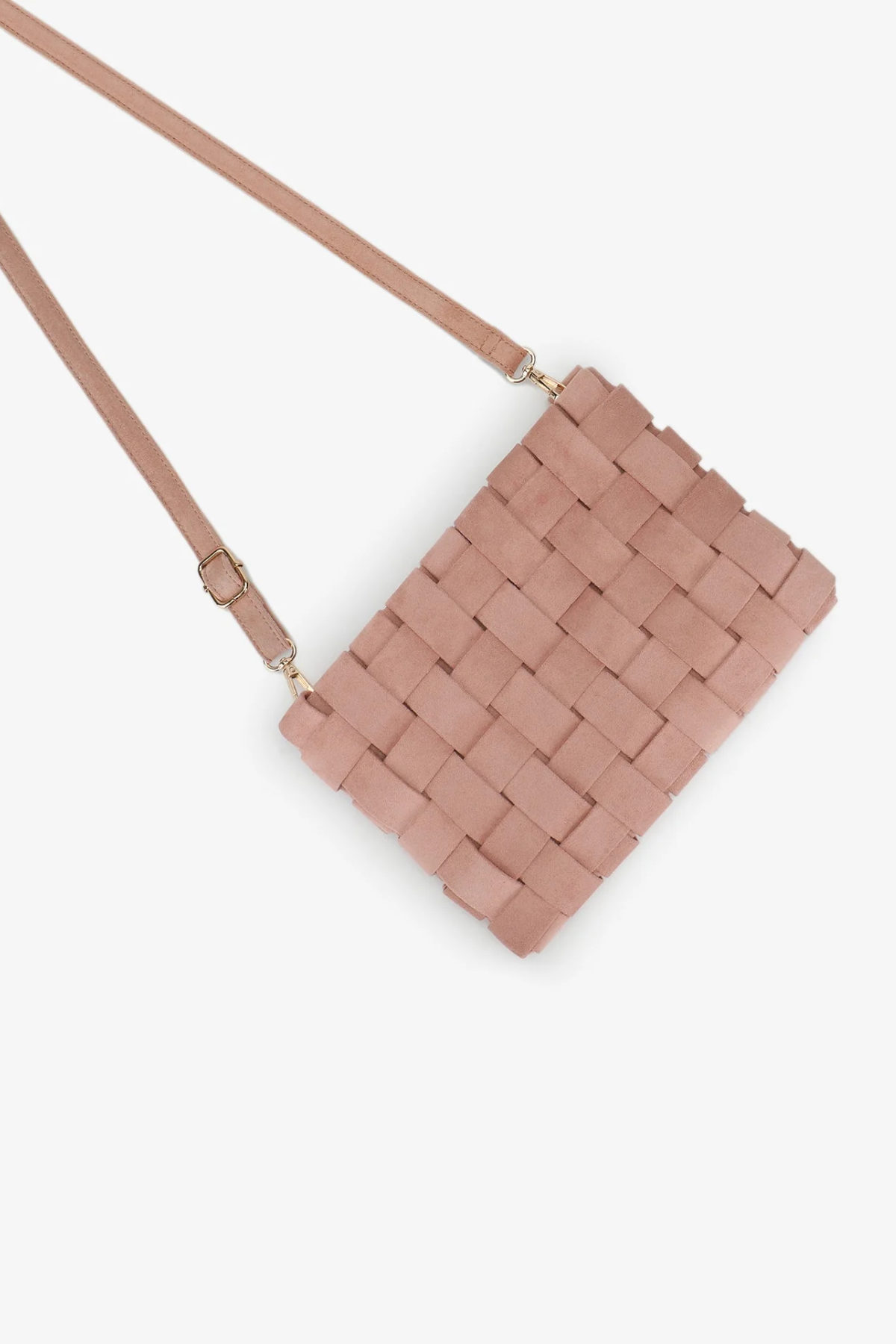 A woven rectangular crossbody bag in a dusty rose pink color, featuring a matching shoulder strap and small gold-tone hardware, shown against a plain light gray background.