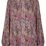A long-sleeve button-up shirt with a brown paisley pattern in shades of purple, pink, orange, and green, featuring light beige piping along the collar, placket, and cuffs.