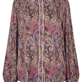 A long-sleeve button-up shirt with a brown paisley pattern in shades of purple, pink, orange, and green, featuring light beige piping along the collar, placket, and cuffs.