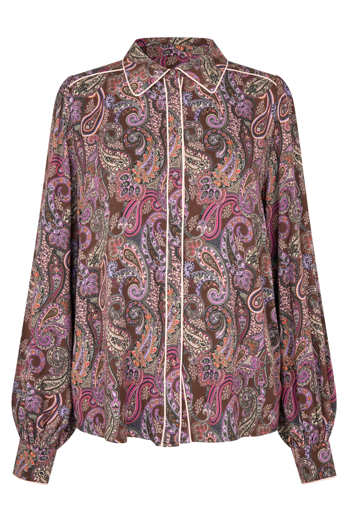 A long-sleeve button-up shirt with a brown paisley pattern in shades of purple, pink, orange, and green, featuring light beige piping along the collar, placket, and cuffs.
