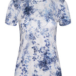 White t-shirt with blue floral pattern on a white background