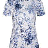 White t-shirt with blue floral pattern on a white background