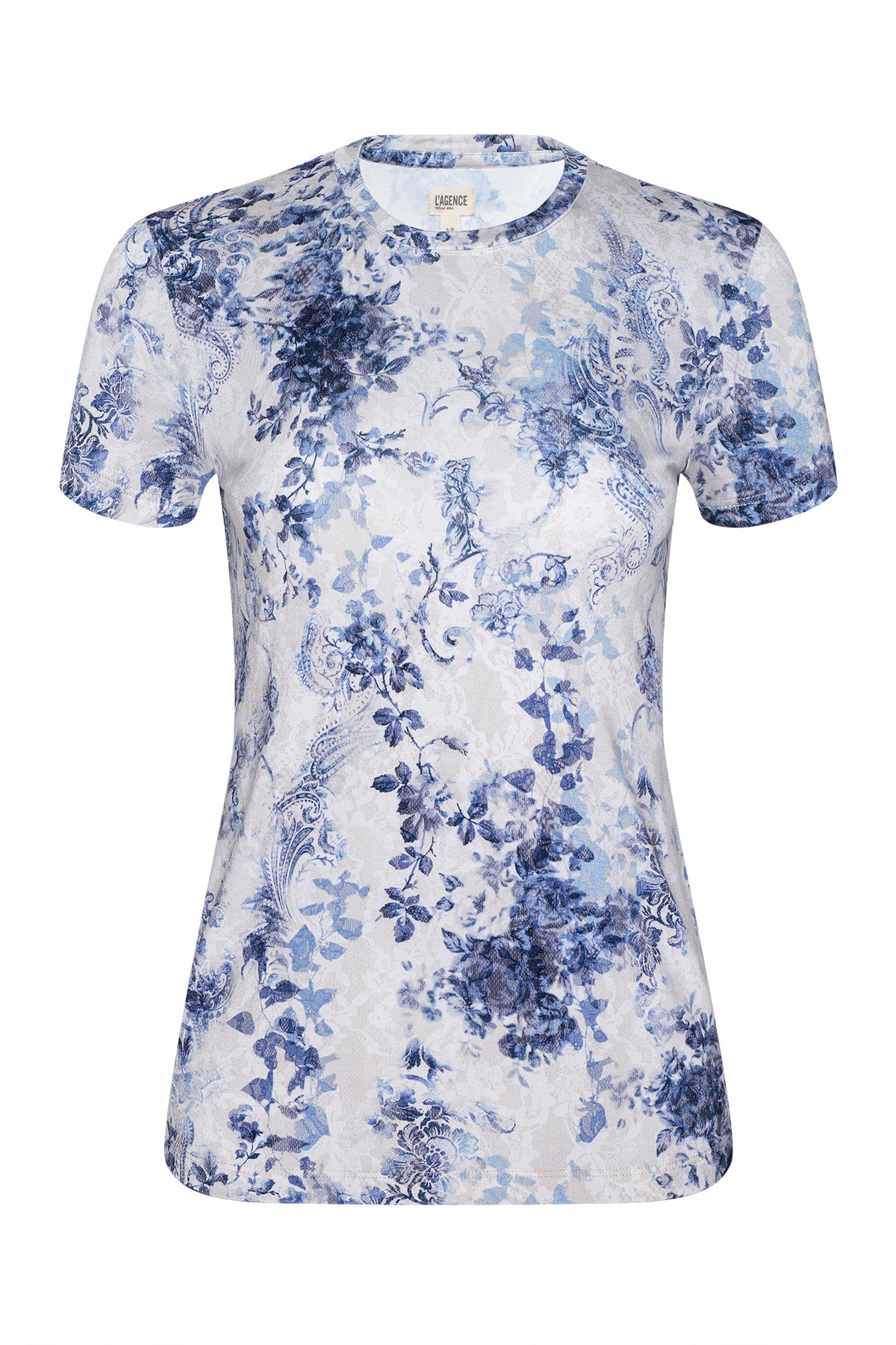 White t-shirt with blue floral pattern on a white background