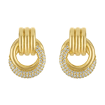 A pair of gold hoop earrings with a triple-band design and pavé-set clear stones along the lower curve, shown on a plain white background.