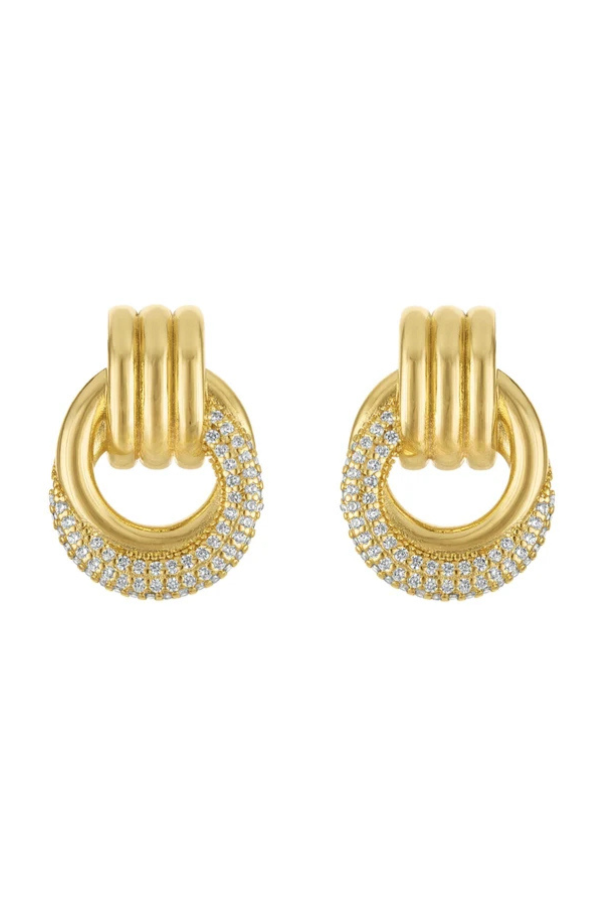 A pair of gold hoop earrings with a triple-band design and pavé-set clear stones along the lower curve, shown on a plain white background.