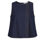 Navy blue sleeveless top with a subtle pattern on a white background