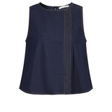 Navy blue sleeveless top with a subtle pattern on a white background