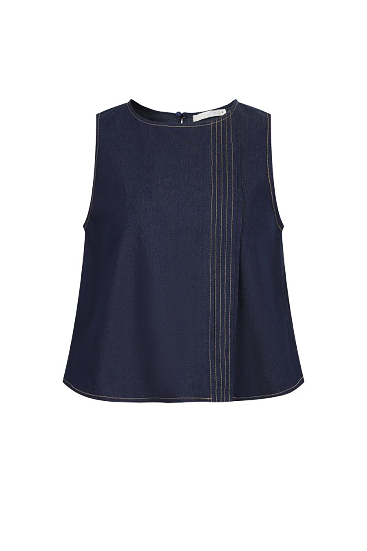 Navy blue sleeveless top with a subtle pattern on a white background