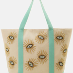 Beige tote bag with sunflower designs and green straps on a white background