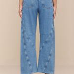 Wide-leg jeans worn by a person on a beige background
