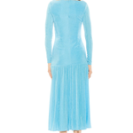 Woman wearing a light blue dress with long sleeves on a white background