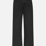 Black wide-leg cropped jeans with a belt and a decorative hanging tie detail on the right side, shown against a plain light gray background.