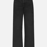 Black wide-leg cropped jeans with a belt and a decorative hanging tie detail on the right side, shown against a plain light gray background.
