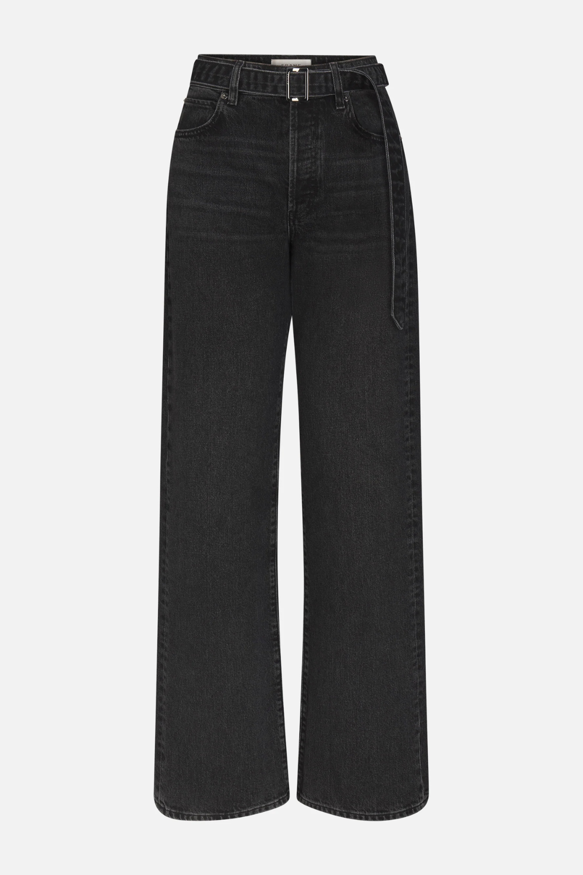 Black wide-leg cropped jeans with a belt and a decorative hanging tie detail on the right side, shown against a plain light gray background.