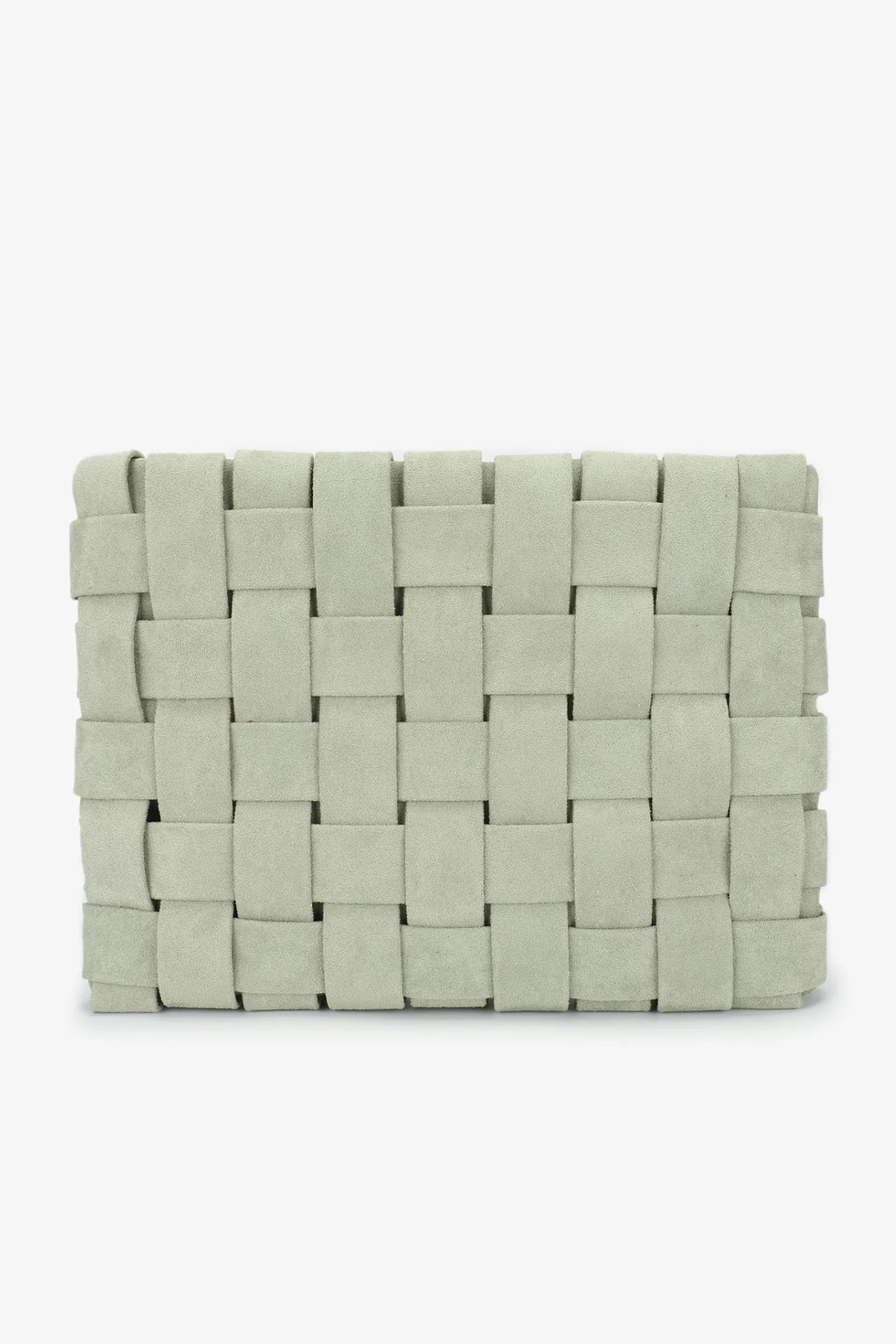 A woven rectangular clutch bag in a light sage green color, featuring a textured basketweave pattern, shown against a plain white background.