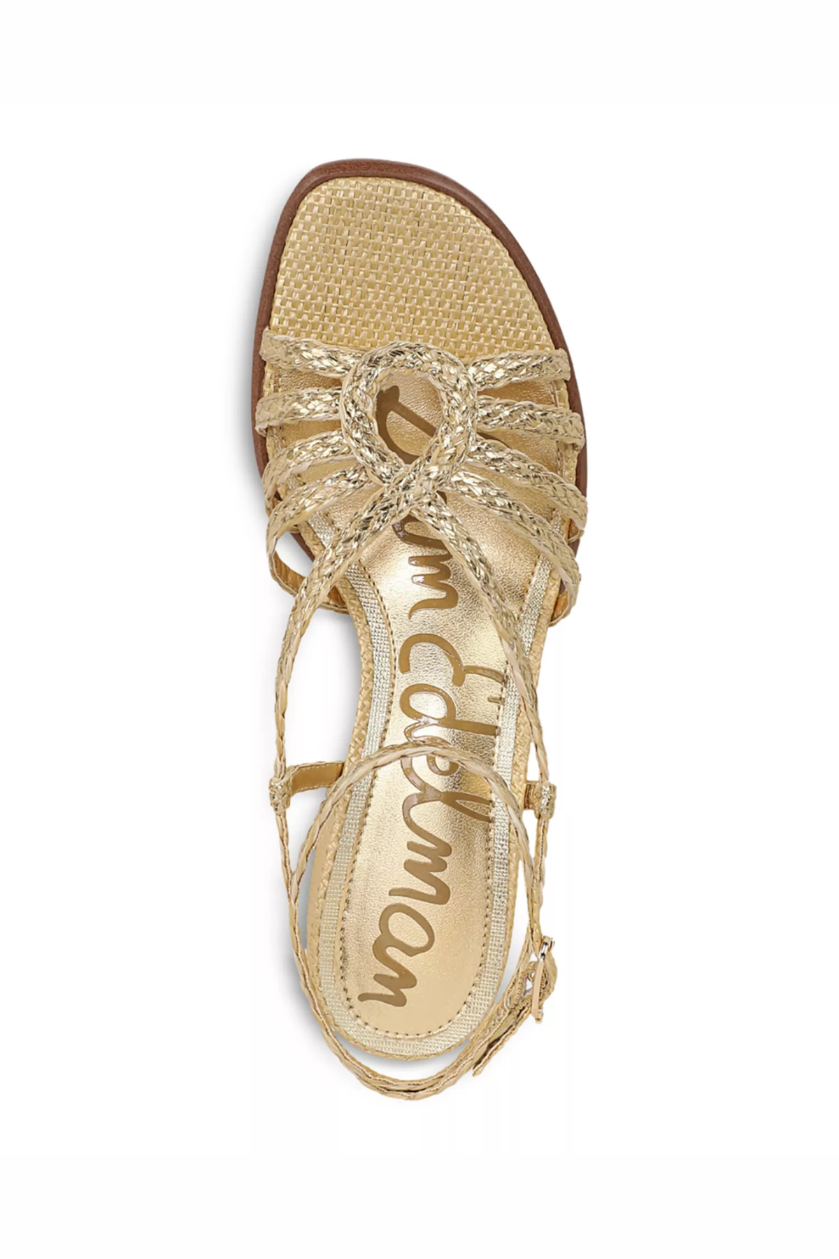 top view braided gold heeled sandal on white background 