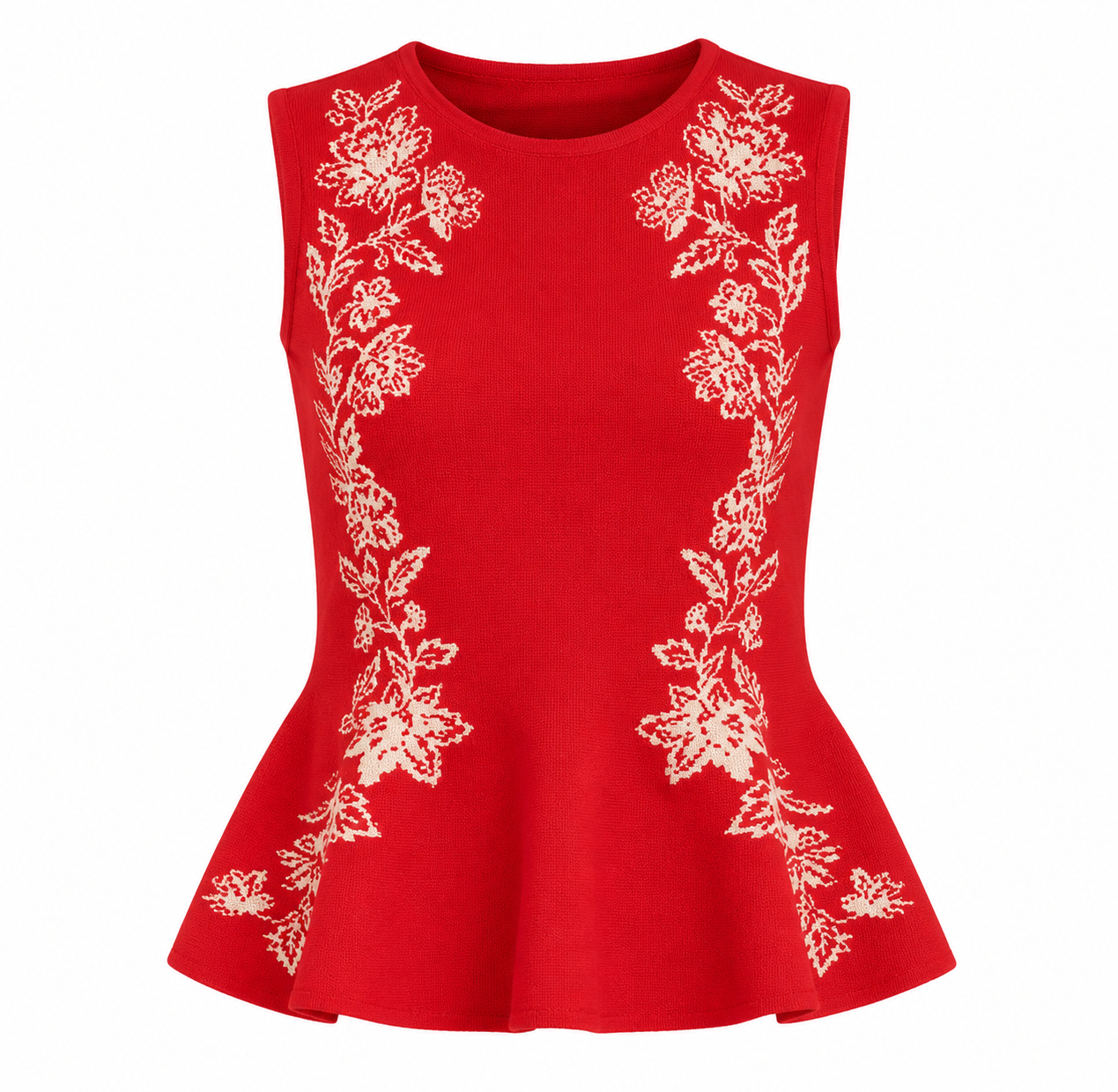 Red sleeveless top with white floral embroidery on a white background