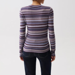 A woman viewed from the back wearing a long-sleeve knit top with horizontal stripes in purple, blue, pink, and white, paired with dark blue jeans, against a plain light gray background.