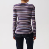 A woman viewed from the back wearing a long-sleeve knit top with horizontal stripes in purple, blue, pink, and white, paired with dark blue jeans, against a plain light gray background.