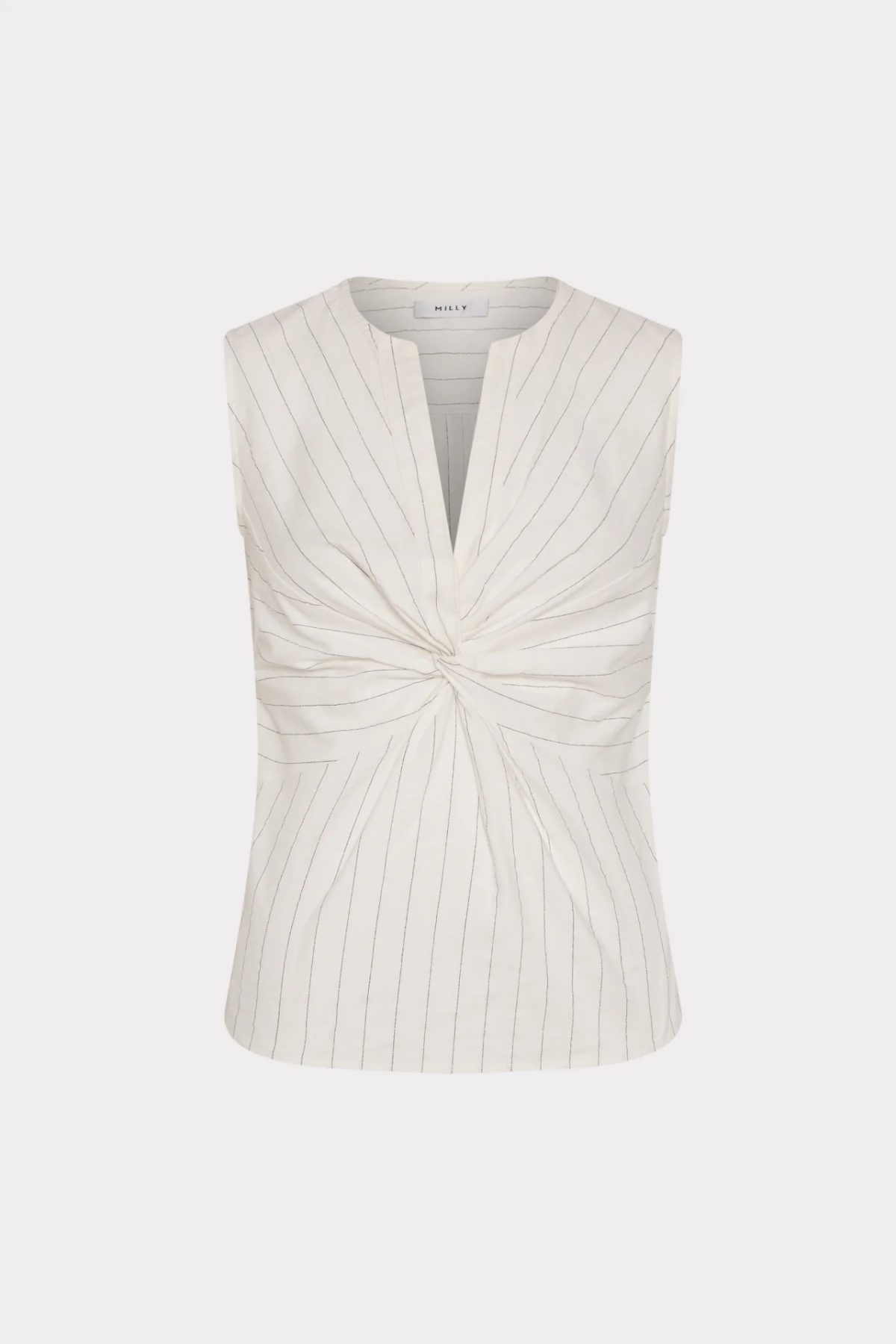 White sleeveless top with a knot detail on a white background