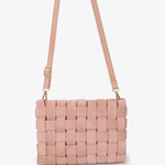 A light pink woven leather crossbody bag with a matching shoulder strap and gold-tone hardware, shown against a plain white background.
