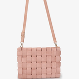 A light pink woven leather crossbody bag with a matching shoulder strap and gold-tone hardware, shown against a plain white background.