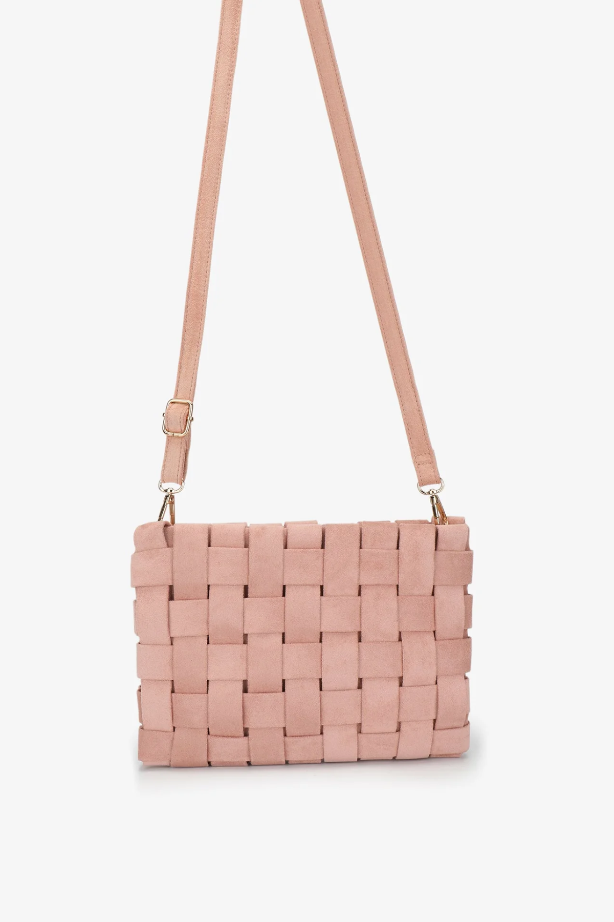 A light pink woven leather crossbody bag with a matching shoulder strap and gold-tone hardware, shown against a plain white background.