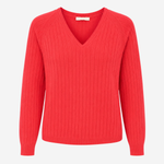 A bright red ribbed knit sweater with a V-neck and long sleeves, shown against a plain light gray background.