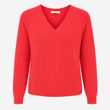 A bright red ribbed knit sweater with a V-neck and long sleeves, shown against a plain light gray background.