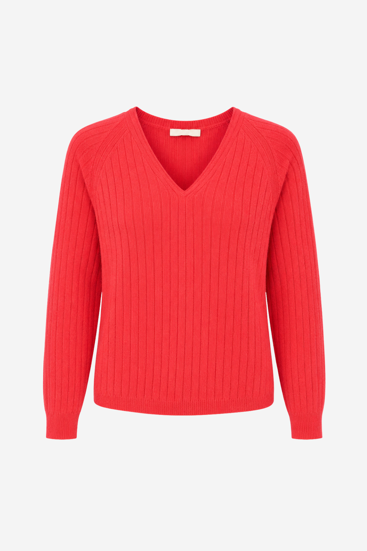 A bright red ribbed knit sweater with a V-neck and long sleeves, shown against a plain light gray background.