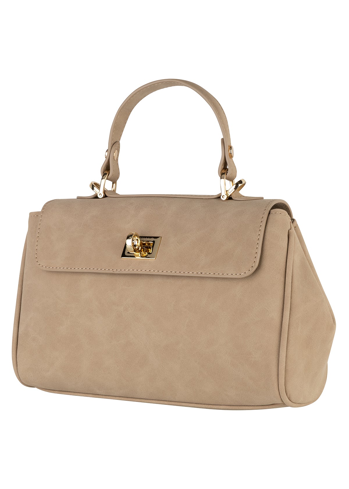 Beige handbag with a gold clasp on a white background
