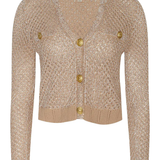 Beige knitted cardigan with gold buttons on a white background