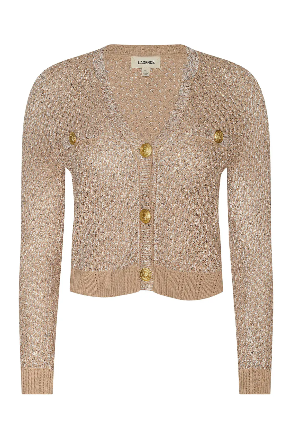 Beige knitted cardigan with gold buttons on a white background