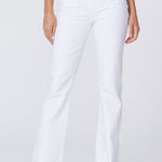 White jeans worn by a person on a white background