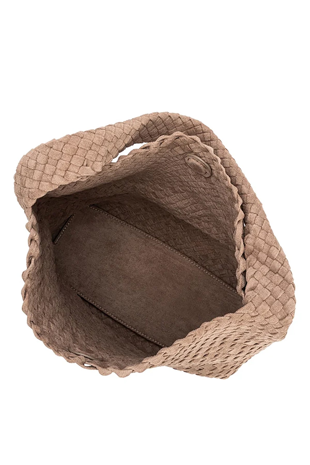 Brown woven basket with a textured surface on a white background
